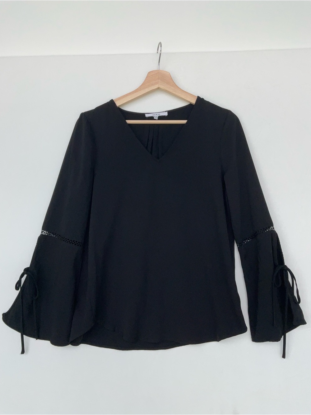 RO & DE Black V-Neck Bell Sleeve Blouse with Tie Accents